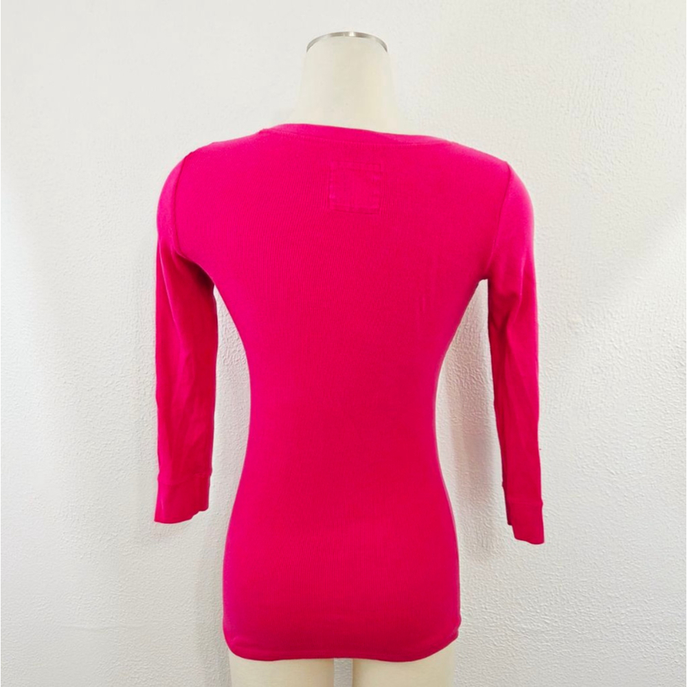 Vintage Y2K Hollister henley top magenta pink ribbed 3/4 sleeve logo 2000s Small - Picture 2 of 6